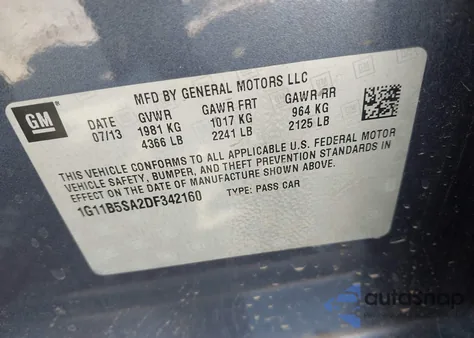 2013 Chevrolet Malibu 1Ls из США, поврежденный, VIN 1G11B5SA2DF342160